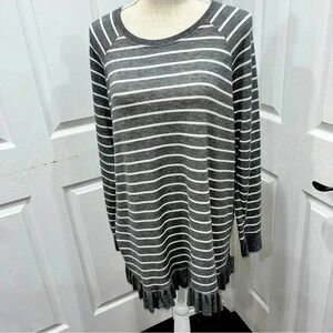 Lane Bryant Grey white striped long sleeve pullover shirt with cute ruffled hem